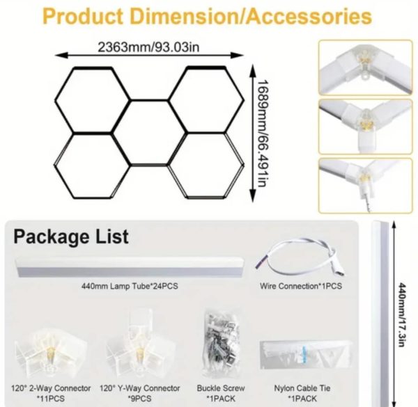 Εξαγωνικός φωτισμός γκαράζ οροφής με κυψελοειδή LED 24τμχ. x 44 εκ. για 5 κυψέλες 6500Κ Led Garage Hexagon Light  Design Honeycomb Lamp for Car Coating Detailing - Image 7