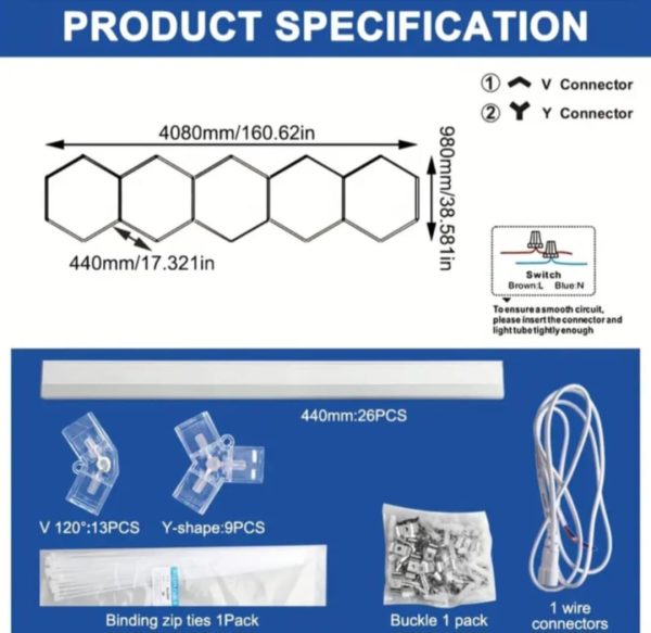 Εξαγωνικός φωτισμός γκαράζ οροφής με κυψελοειδή LED 24τμχ. x 44 εκ. για 5 κυψέλες 6500Κ Led Garage Hexagon Light  Design Honeycomb Lamp for Car Coating Detailing - Image 6